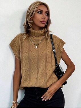 SHEIN Sleeveless Turtleneck Cable Knit Sweater - Khaki